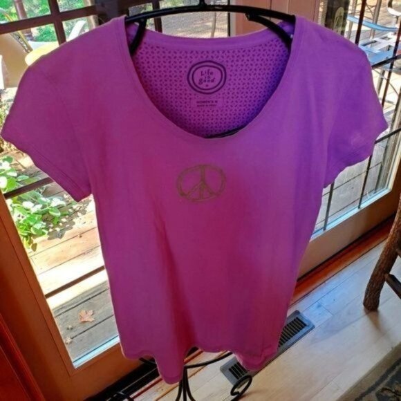 Life is Good Embroidered Peace Sign Graphic Purple Short Sleeve Sz M T-shirt - Picture 1 of 8